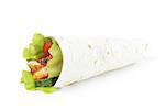 wheat tortilla with chicken and vegetables on white background