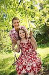 Summer. A Girl In A Sundress On A Swing Hung From A Tree Branch. A Mature Woman Behind Her.