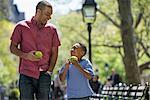 A Family In The Park On A Sunny Day. A Man And A Boy Eating Apples.