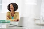 Business. A Woman Sitting At A Desk. Digital Tablet And Laptop, And Green Files.