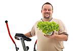 Overweight man with healthy choices - exercise and fresh food, isolated