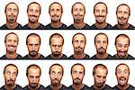 A thirty something aged man posing for 16 different facial expressions.