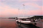 boat at sunset in the bay of beautiful portuguese colonial typical town of parati in rio de janeiro state brazil