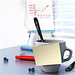 One mug with a blank yellow note fixed on it and a flipchart at the background conceptual image for Business communication