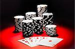 Poker, royal flush and gambling chips.