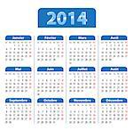 Blue glossy calendar for 2014 in French. Mondays first. Vector illustration