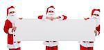 Happy santas holding blank banner with copy space - isolated