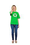 Happy blonde environmental activist pointing at camera on white background