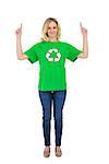 Happy blonde environmental activist pointing up on white background