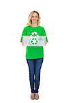 Cheerful pretty environmental activist holding recycling box on white background