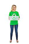 Smiling pretty environmental activist holding recycling box on white background