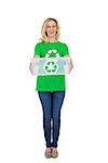 Cheerful cute environmental activist holding recycling box on white background