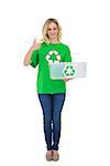 Smiling cute environmental activist holding recycling box thumb up on white background