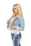 Thinking casual blonde wearing denim clothes posing on white background