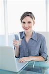 Beautiful smiling businesswoman holding a glass of water sitting at her desk in front of her laptop