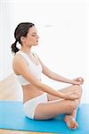 Side view of a toned brunette sitting in lotus pose at fitness studio