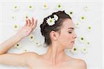 Overhead view of a beautiful young woman with flowers in beauty salon