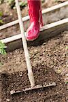 A rake being used by a woman wearing red rubber boots