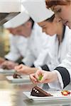 Team of young chefs in a row garnishing dessert plates in commercial kitchen