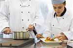 Young female chef finishing a plate next to her colleague in kitchen
