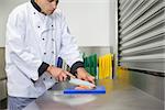 Chef cutting raw salmon with knife on blue cutting board in professional kitchen