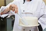 Chef finishing a cake with icing in professional kitchen