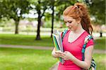 Gorgeous smiling student holding notebooks texting on campus at college