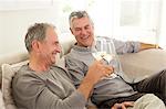 Senior men toasting wine glasses on sofa