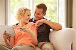 Couple shopping online on sofa