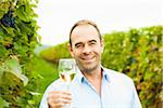 Portrait of vintner holding glass of wine in vineyard, smiling and looking at camera, Rhineland-Palatinate, Germany