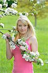 Blond young woman standing beside a flowering apple tree