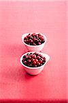 Cranberries in bowls on red background, studio shot