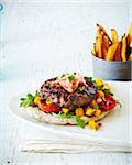 Fresh Burger With Sweet Potato Fries, studio shot