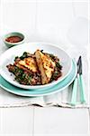 Honey ginger tofu on quinoa and kale salad, studio shot