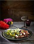 Pork carnitas with herb rice on plate, Mexican Fiesta, studio shot