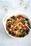 Seafood Paella in casserole dish, studio shot