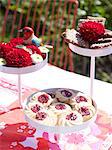 Cookies on cake stand, high angle view