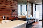 Bathtub and sinks in modern bathroom