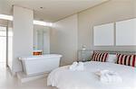 Bed and bathtub in modern bedroom