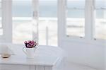 Vase of flowers on desk in bedroom overlooking ocean