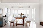 Wooden table and benches in sunny dining room