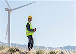 Businessman examining wind turbines in rural landscape