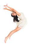 Modern young Asian teen contemporary dancer poses in front of the studio background, full length isolated white.