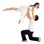 Modern young Asian teens couple contemporary dancers dancing in front of the studio background, full length isolated white.