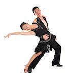 Young Asian teens couple latin dancers dancing in front of the studio background, full length isolated white.