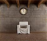 Grunge room with white armchair and old clock - rendering