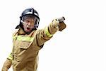 Screaming firefighter in uniform on a white background