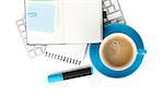 Blue coffee cup and office supplies. View from above. Closeup on white background