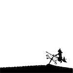 Silhouette of Halloween witch and cat on a broomstick against a white background