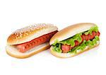 Two hot dogs with various ingredients. Isolated on white background